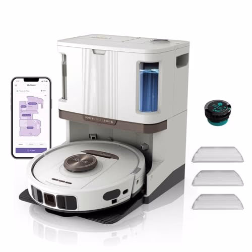 Shark PowerDetect Aspirateur Robot Laveur avec Base autovideuse et nettoyante de 60 Jours - Navigation 3D LiDAR - WiFi/App - 4 tampons Anti-microbiens, 1 Cartouche Anti-odeurs, 2 brosses - Blanc Moka